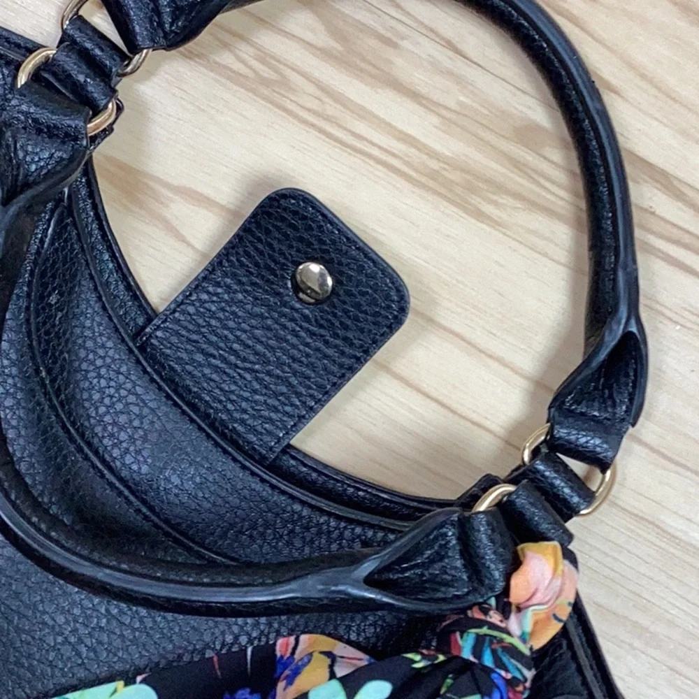 Anne Klein Elegant Pebbled Black Vegan Leather‎ Handbag With Floral Accent Scarf